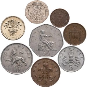 Великобритания 1/2 н. пенни 1 н. пенни 2 5 10 н. пенсов 20 пенсов 50 н. пенсов 1 фунт 1968-1984 год Набор из 8 монет